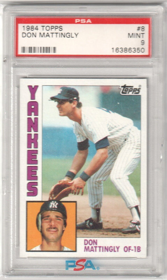 DON MATTINGLY 1984 Topps RC Rookie #8 PSA 9 MINT - YANKEES - Columbia Hobby - Sports Card Boxes - Toploaders - Card Savers