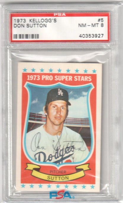 DON SUTTON 1973 Kellogg's Pro Super Stars #5 PSA 8 NM - MT - DODGERS - Columbia Hobby - Sports Card Boxes - Toploaders - Card Savers