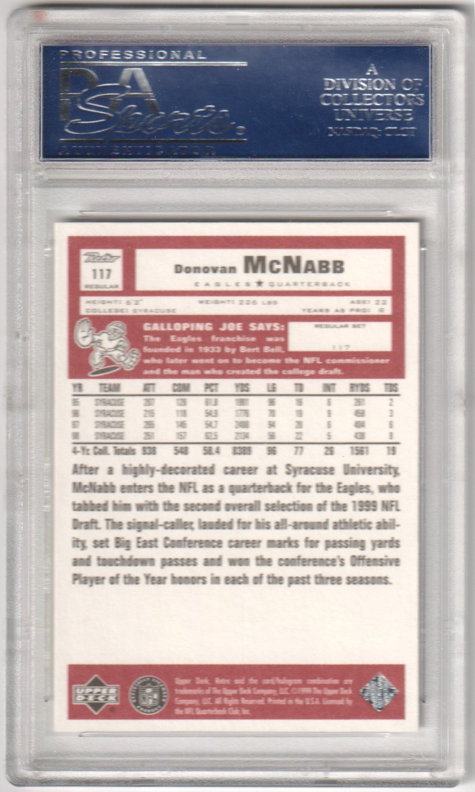 DONOVAN McNABB 1999 Upper Deck Retro 117 PSA 10 GEM MINT - EAGLES - Columbia Hobby - Sports Card Boxes - Toploaders - Card Savers