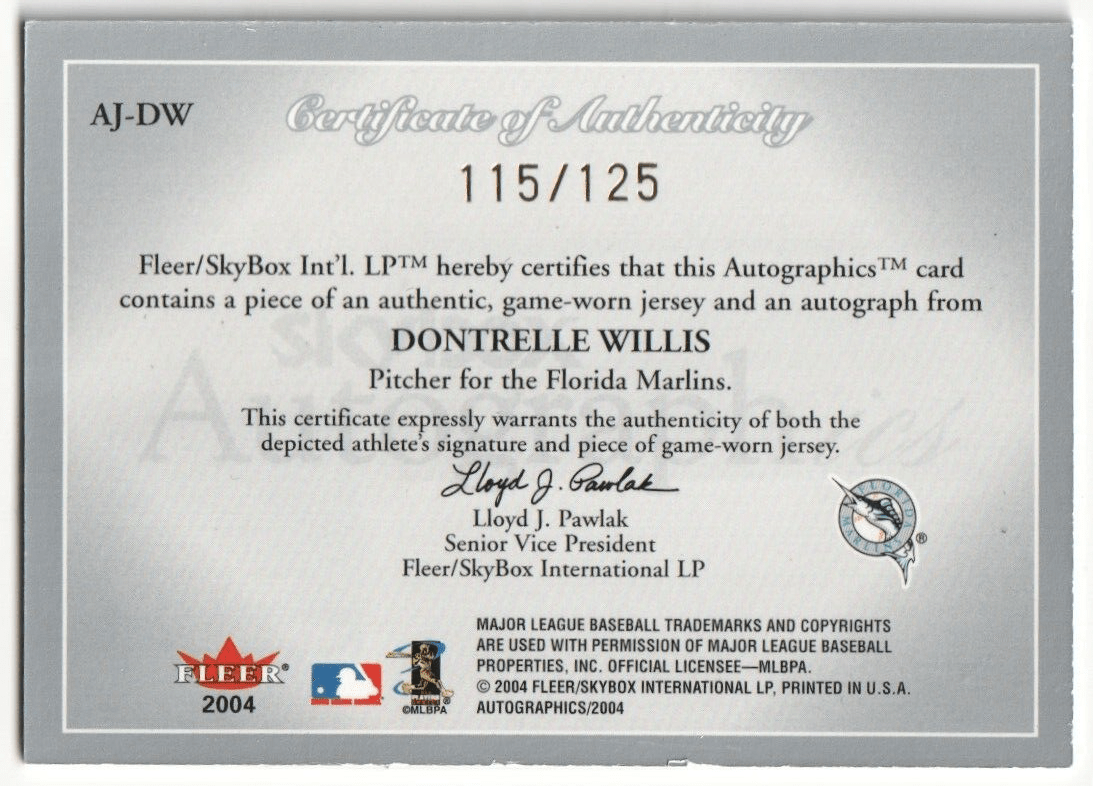 DONTRELLE WILLIS 2004 Skybox Autographix Autograph Auto Jersey #/125 - MARLINS - Columbia Hobby - Sports Card Boxes - Toploaders - Card Savers