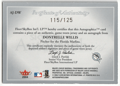 DONTRELLE WILLIS 2004 Skybox Autographix Autograph Auto Jersey #/125 - MARLINS - Columbia Hobby - Sports Card Boxes - Toploaders - Card Savers