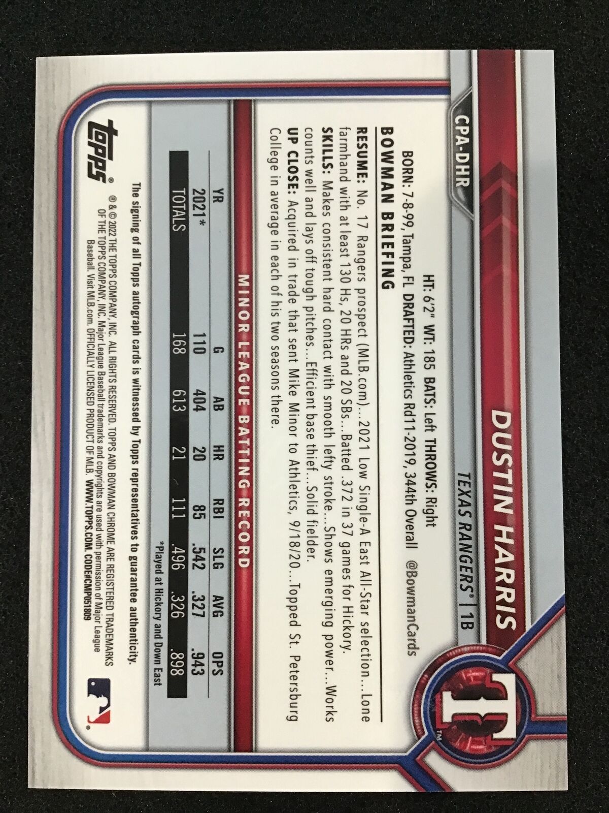 Dustin Harris 2022 Bowman Chrome 1st Prospects Autograph CPA - DHR Texas Rangers - Columbia Hobby - Sports Card Boxes - Toploaders - Card Savers