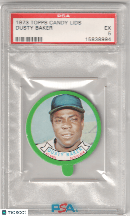 DUSTY BAKER 1973 Topps Candy Lids PSA 5 EX - BRAVES - Columbia Hobby - Sports Card Boxes - Toploaders - Card Savers
