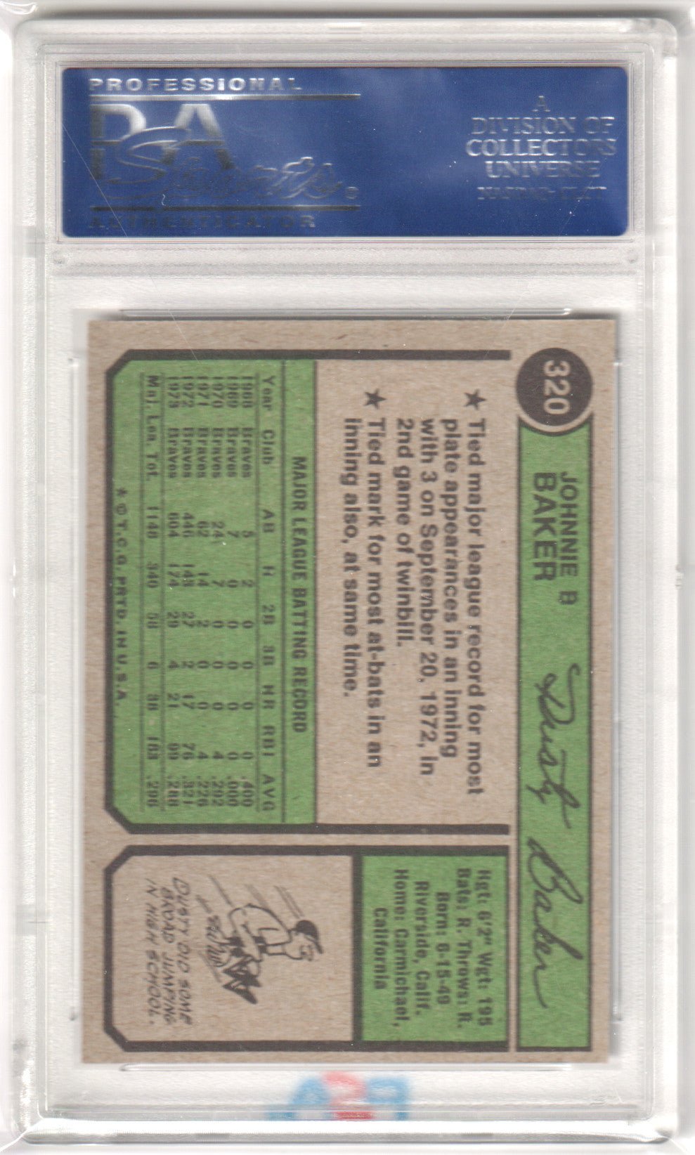 DUSTY BAKER 1974 Topps 320 PSA 9 MINT - BRAVES - Columbia Hobby - Sports Card Boxes - Toploaders - Card Savers