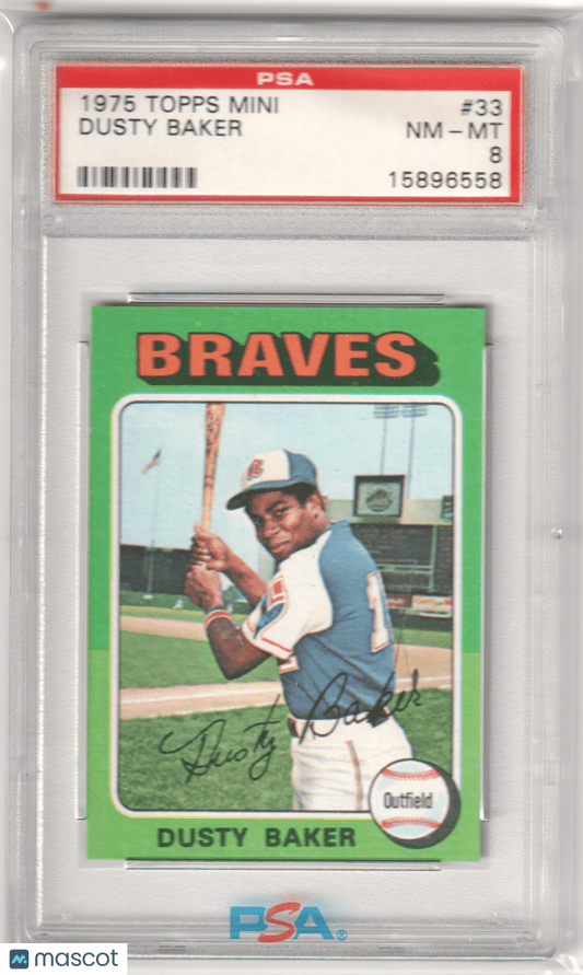 DUSTY BAKER 1975 Topps Mini 33 PSA 8 NM - MT - BRAVES - Columbia Hobby - Sports Card Boxes - Toploaders - Card Savers