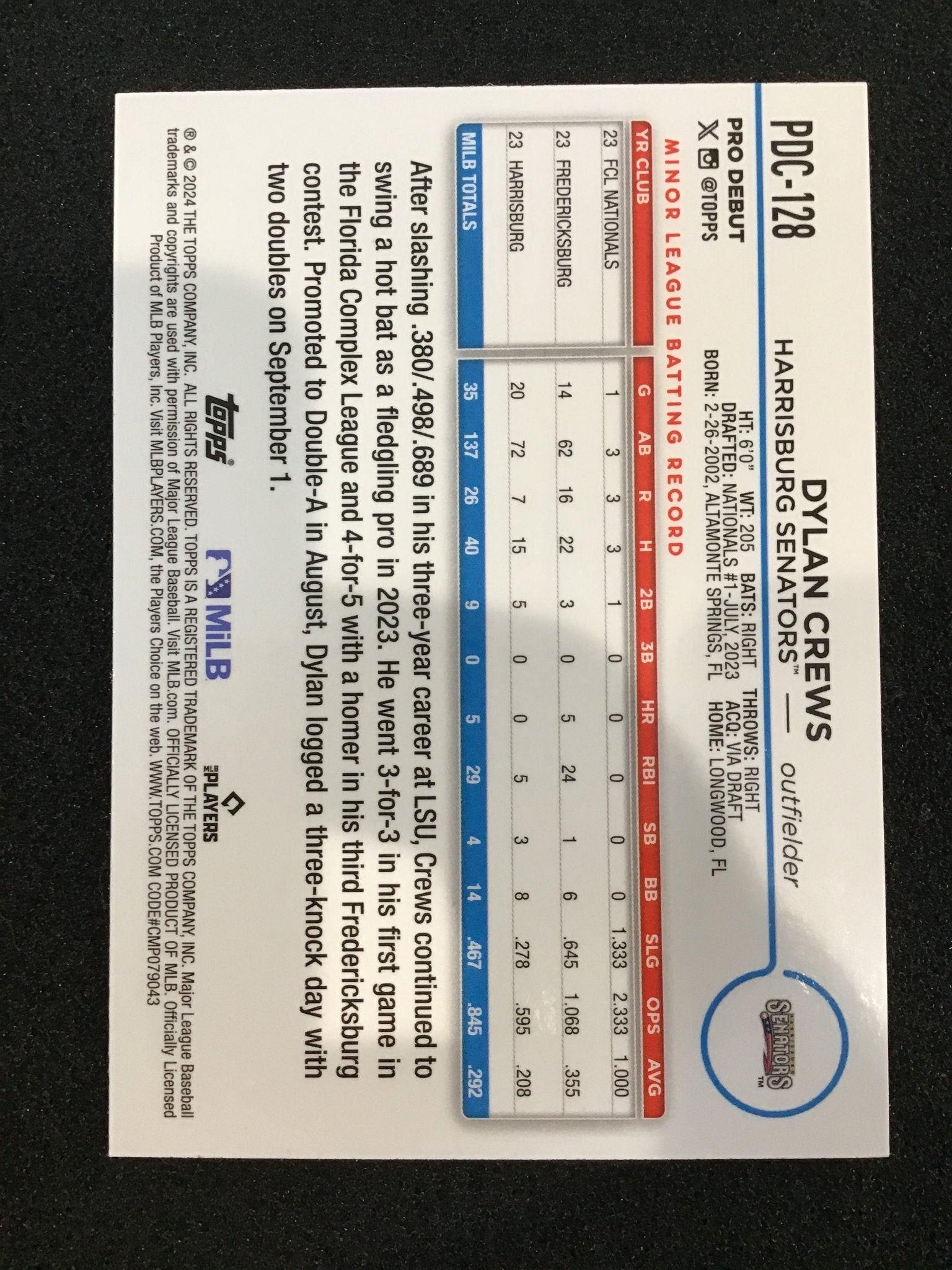Dylan Crews 2023 Topps Chrome Por Debut #PDC - 218 Senators - Columbia Hobby - Sports Card Boxes - Toploaders - Card Savers