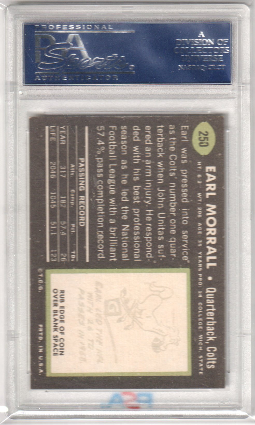 EARL MORRALL 1969 Topps 250 PSA 7 NM - COLTS - Columbia Hobby - Sports Card Boxes - Toploaders - Card Savers