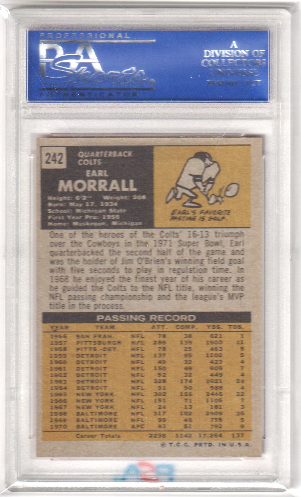 EARL MORRALL 1971 Topps 242 PSA 8 NM - MT - COLTS - Columbia Hobby - Sports Card Boxes - Toploaders - Card Savers