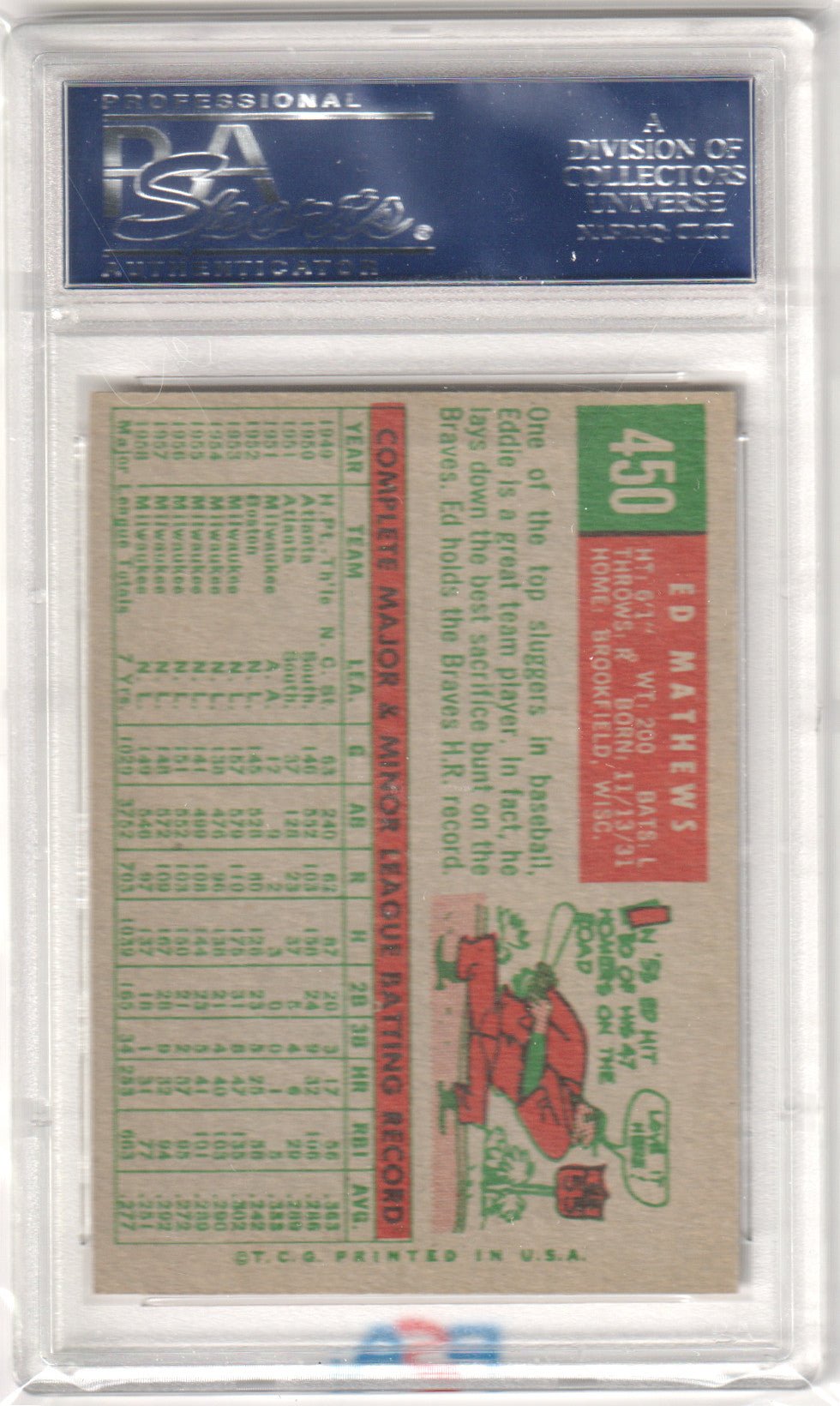 ED EDDIE MATHEWS 1959 Topps 450 PSA 7 NM - BRAVES - Columbia Hobby - Sports Card Boxes - Toploaders - Card Savers