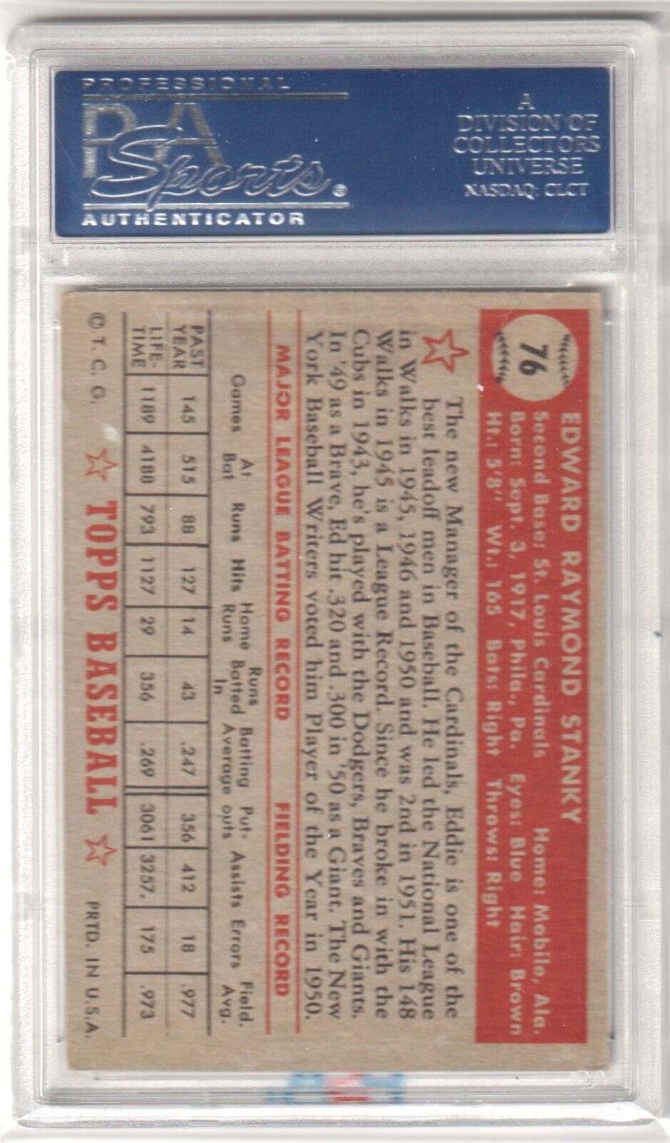 EDDIE STANKY 1952 Topps #76 PSA 5.5 EX+ - CARDINALS - Columbia Hobby - Sports Card Boxes - Toploaders - Card Savers