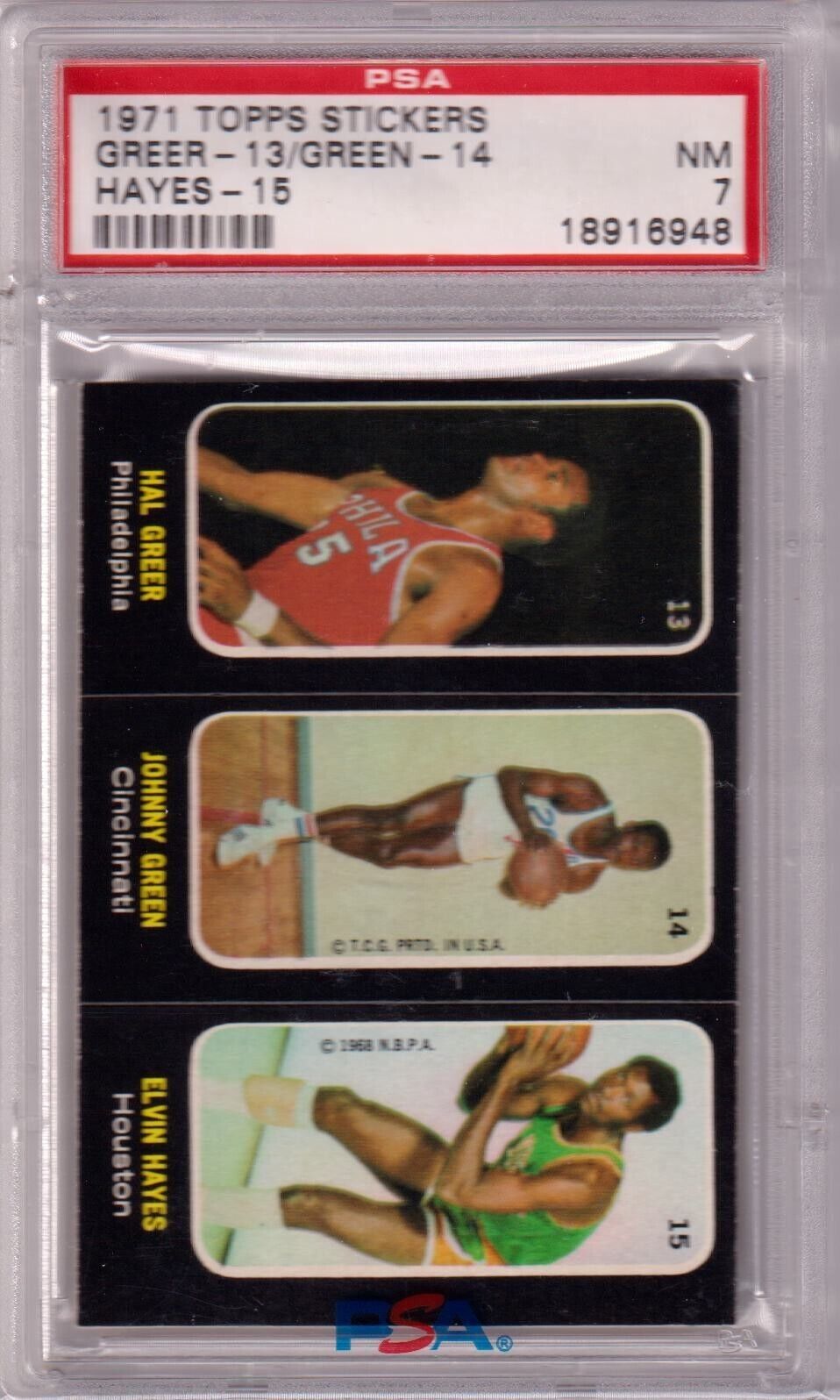 ELVIN HAYES HAL GREER JOHNNY GREEN 1971 Topps Stickers PSA 7 NM 13 - 14 - 15 - Columbia Hobby - Sports Card Boxes - Toploaders - Card Savers
