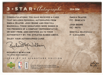 EMEKA OKAFOR JOSH BOONE DONYELL MARSHALL 2006 - 07 SP Signature Autograph Auto /25 - Columbia Hobby - Sports Card Boxes - Toploaders - Card Savers