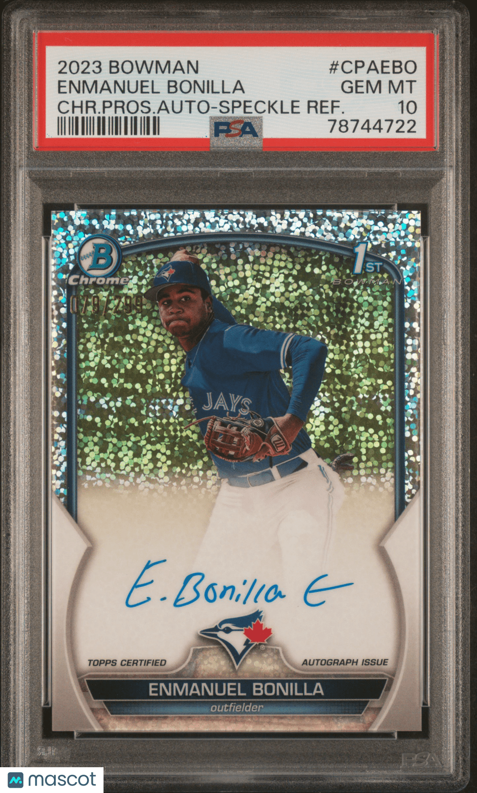 EMMANUEL BONILLA 2023 Bowman Chrome Prospect Autograph Speckle PSA 10 GEM /299 - Columbia Hobby - Sports Card Boxes - Toploaders - Card Savers
