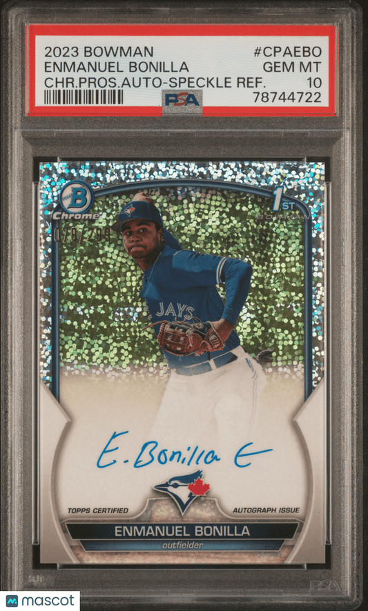 EMMANUEL BONILLA 2023 Bowman Chrome Prospect Autograph Speckle PSA 10 GEM /299 - Columbia Hobby - Sports Card Boxes - Toploaders - Card Savers