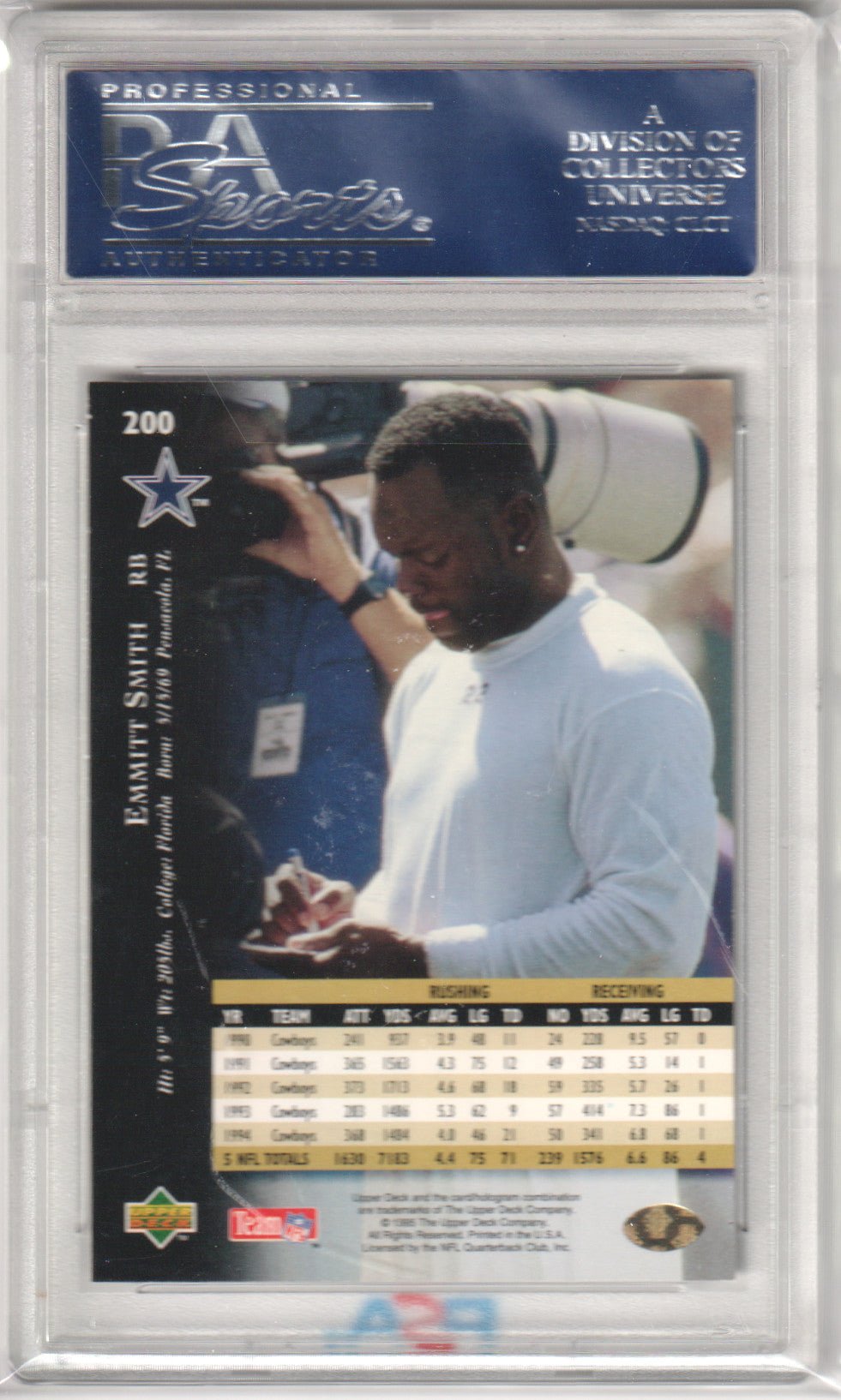 EMMITT SMITH 1995 Upper Deck 200 PSA 10 GEM MINT - COWBOYS Pop 14 - Columbia Hobby - Sports Card Boxes - Toploaders - Card Savers