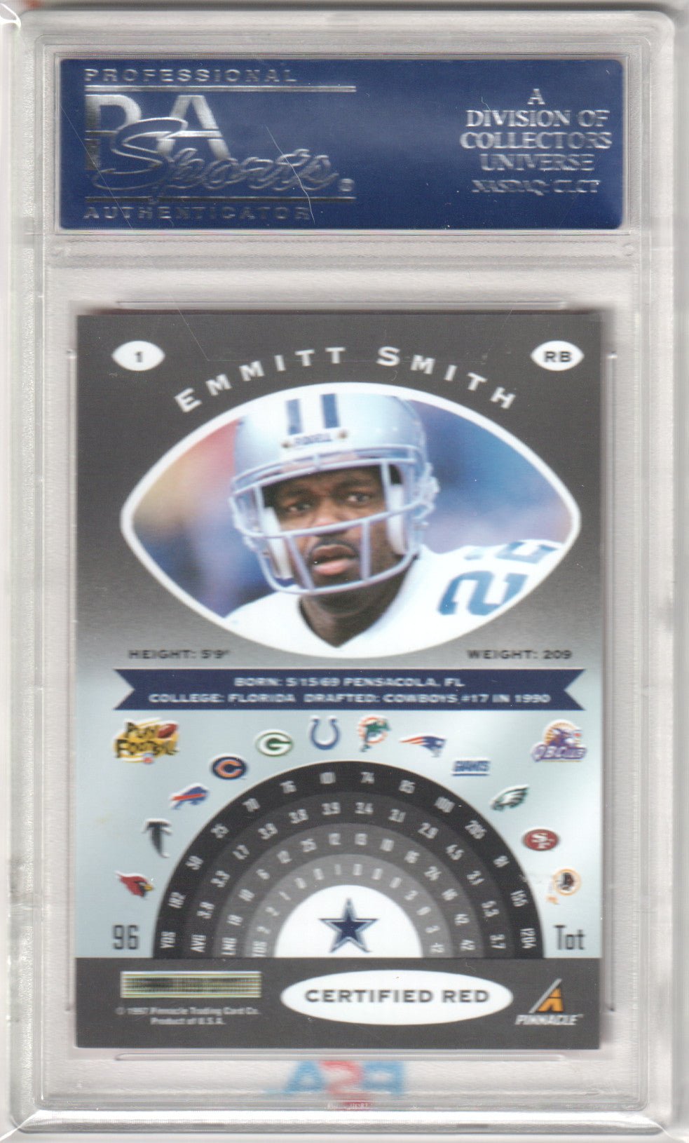 EMMITT SMITH 1997 Pinnacle Certified 1 Red PSA 10 GEM MINT - COWBOYS Pop 4 - Columbia Hobby - Sports Card Boxes - Toploaders - Card Savers