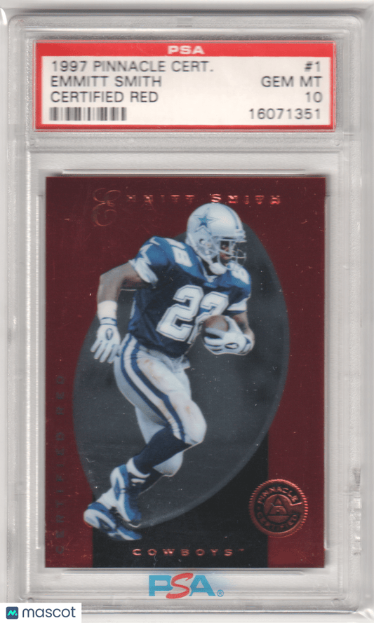 EMMITT SMITH 1997 Pinnacle Certified 1 Red PSA 10 GEM MINT - COWBOYS Pop 4 - Columbia Hobby - Sports Card Boxes - Toploaders - Card Savers