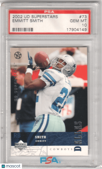 EMMITT SMITH 2002 Upper Deck Superstars 73 PSA 10 GEM MINT - COWBOYS Pop 10 - Columbia Hobby - Sports Card Boxes - Toploaders - Card Savers