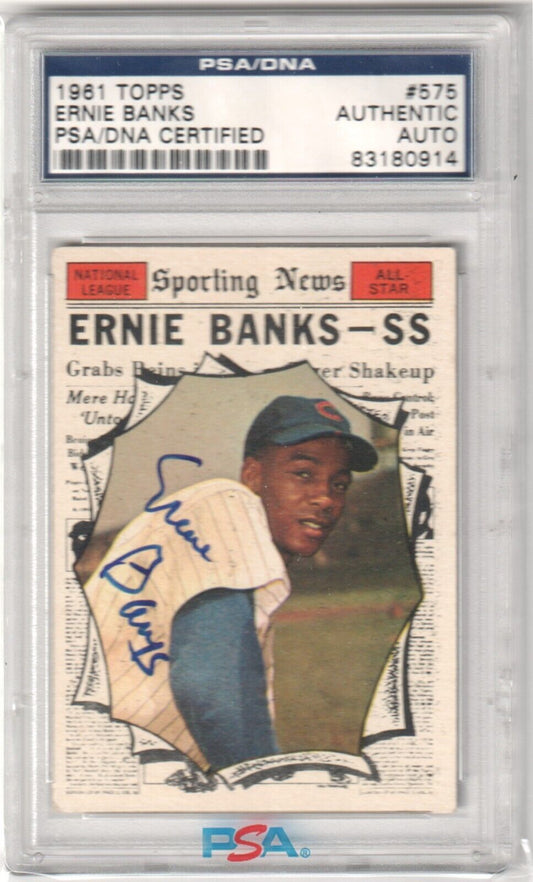 ERNIE BANKS 1961 Topps Autograph Auto #575 PSA/DNA - CUBS - Columbia Hobby - Sports Card Boxes - Toploaders - Card Savers