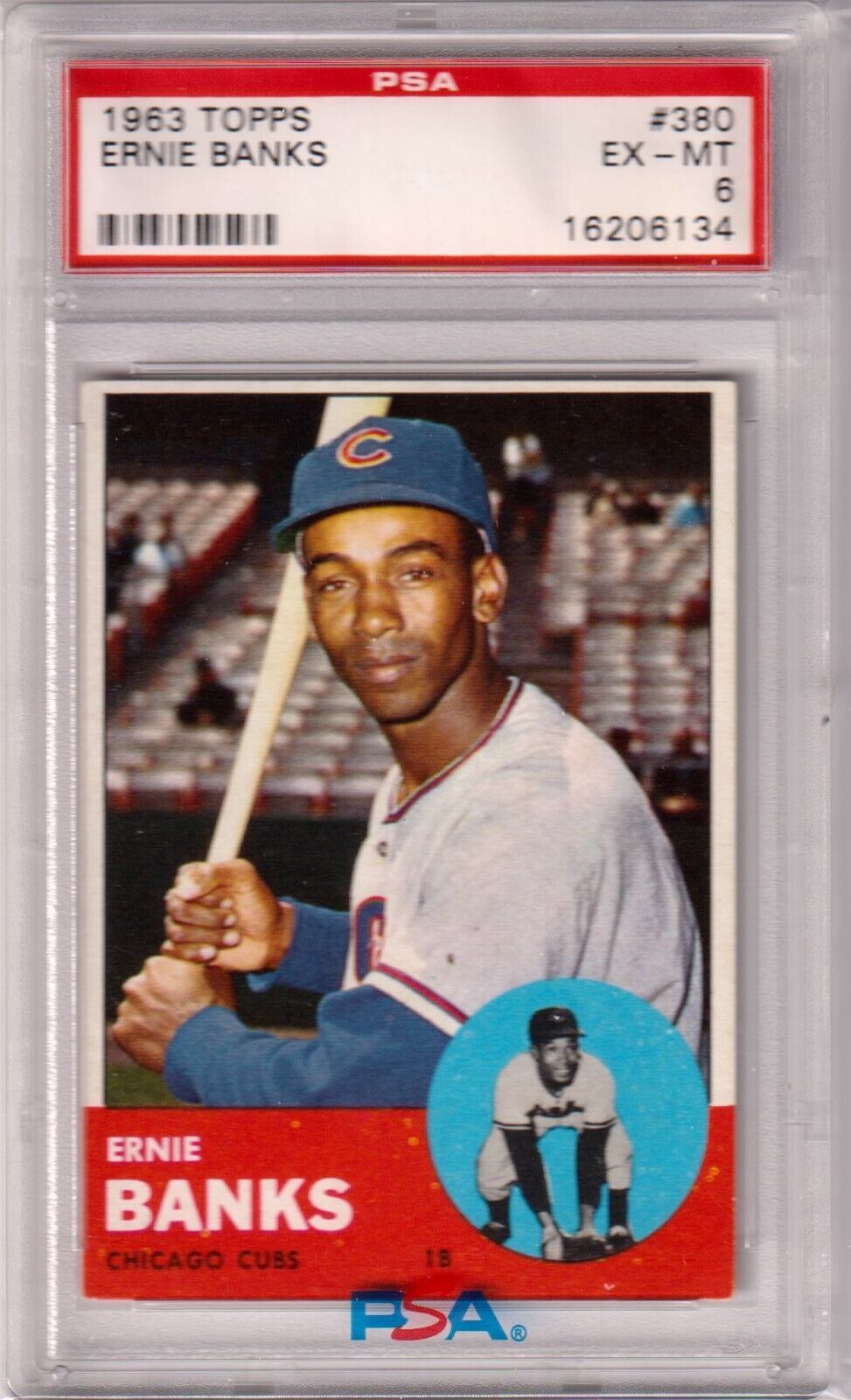 ERNIE BANKS 1963 Topps #380 PSA 6 EX - MT - CUBS - Columbia Hobby - Sports Card Boxes - Toploaders - Card Savers