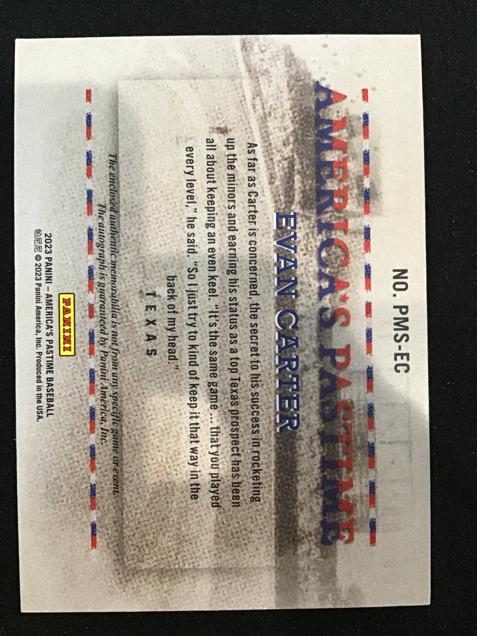 Evan Carter 2023 Panini America's Pastime Patch Auto /75 #PMS - EC SP Rangers - Columbia Hobby - Sports Card Boxes - Toploaders - Card Savers