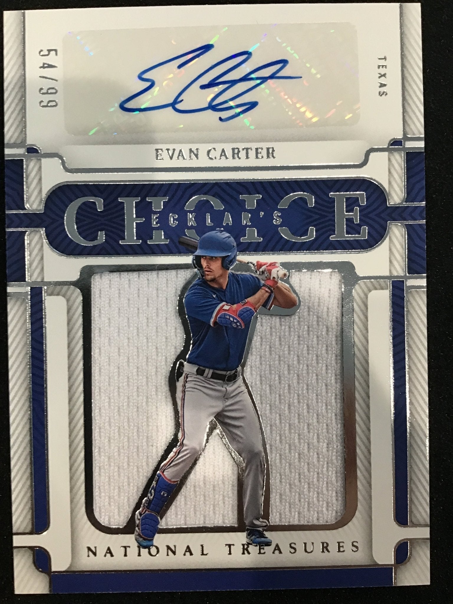 Evan Carter 2023 Panini National Treasures Patch Auto /99 #ECK - EC SP Rangers - Columbia Hobby - Sports Card Boxes - Toploaders - Card Savers