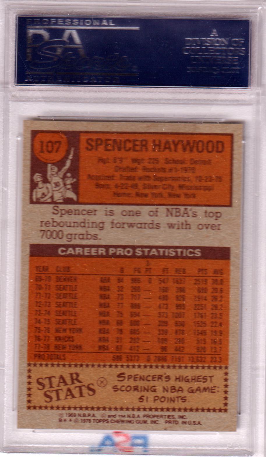 SPENCER HAYWOOD 1978-79 Topps #107 PSA 9 MINT - KNICKS