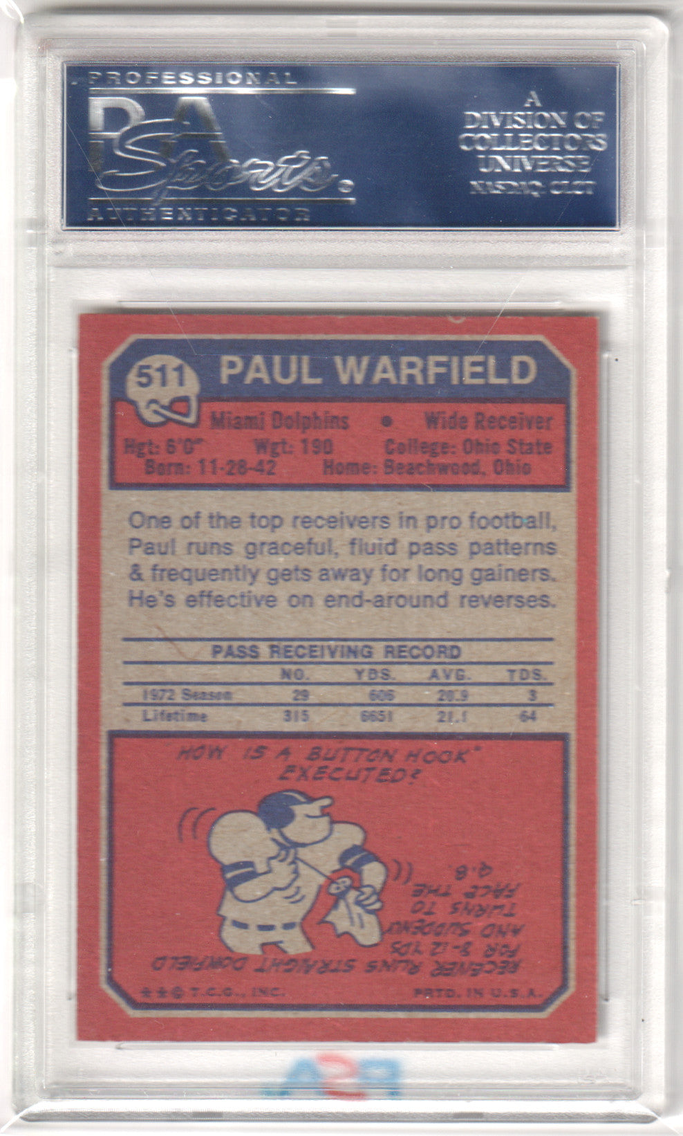 PAUL WARFIELD 1973 Topps #511 PSA 8 NM-MT - DOLPHINS