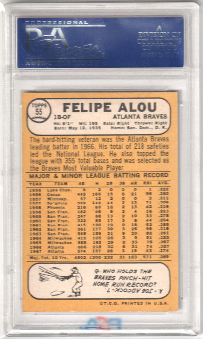 FELIPE ALOu 1968 Topps #55 PSA 9 MINT - BRAVES - Columbia Hobby - Sports Card Boxes - Toploaders - Card Savers