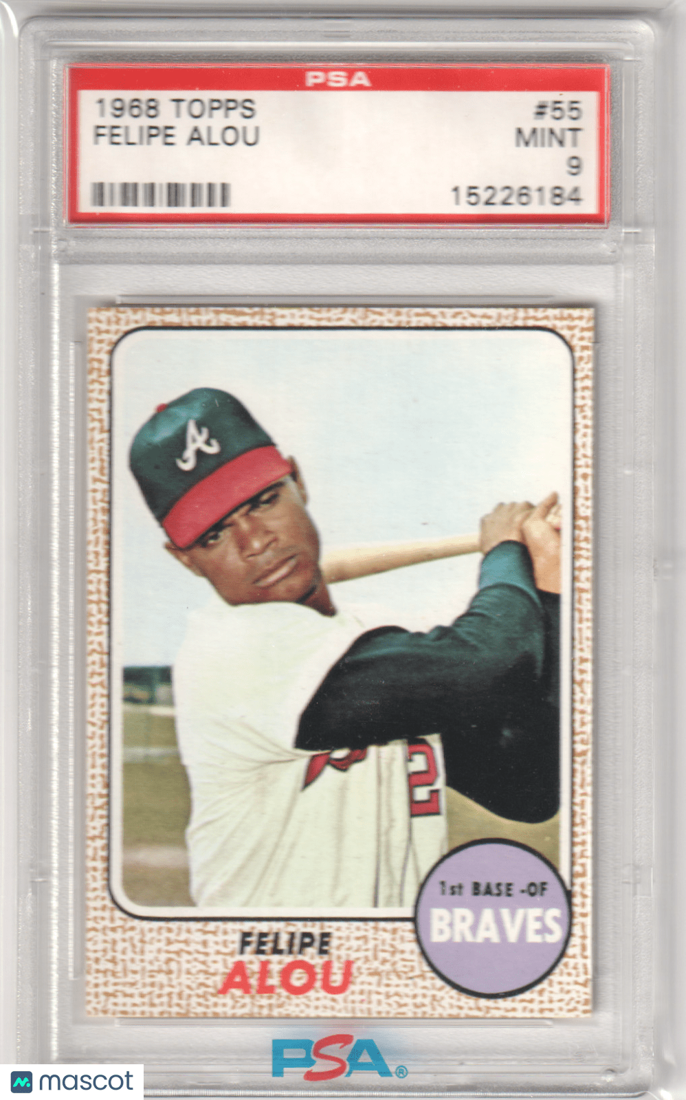 FELIPE ALOu 1968 Topps #55 PSA 9 MINT - BRAVES - Columbia Hobby - Sports Card Boxes - Toploaders - Card Savers