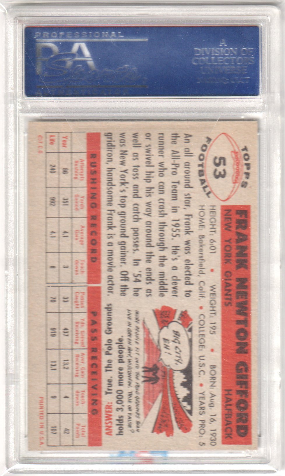 FRANK GIFFORD 1956 Topps 53 PSA 6 EX - MT - GIANTS - Columbia Hobby - Sports Card Boxes - Toploaders - Card Savers