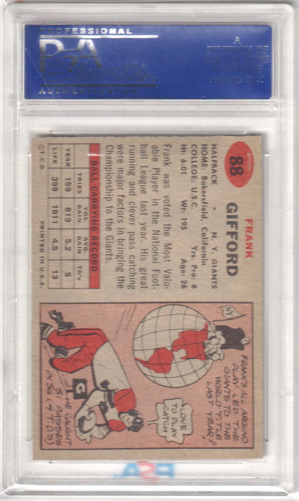 FRANK GIFFORD 1957 Topps 88 PSA 6 EX - MT - GIANTS - Columbia Hobby - Sports Card Boxes - Toploaders - Card Savers