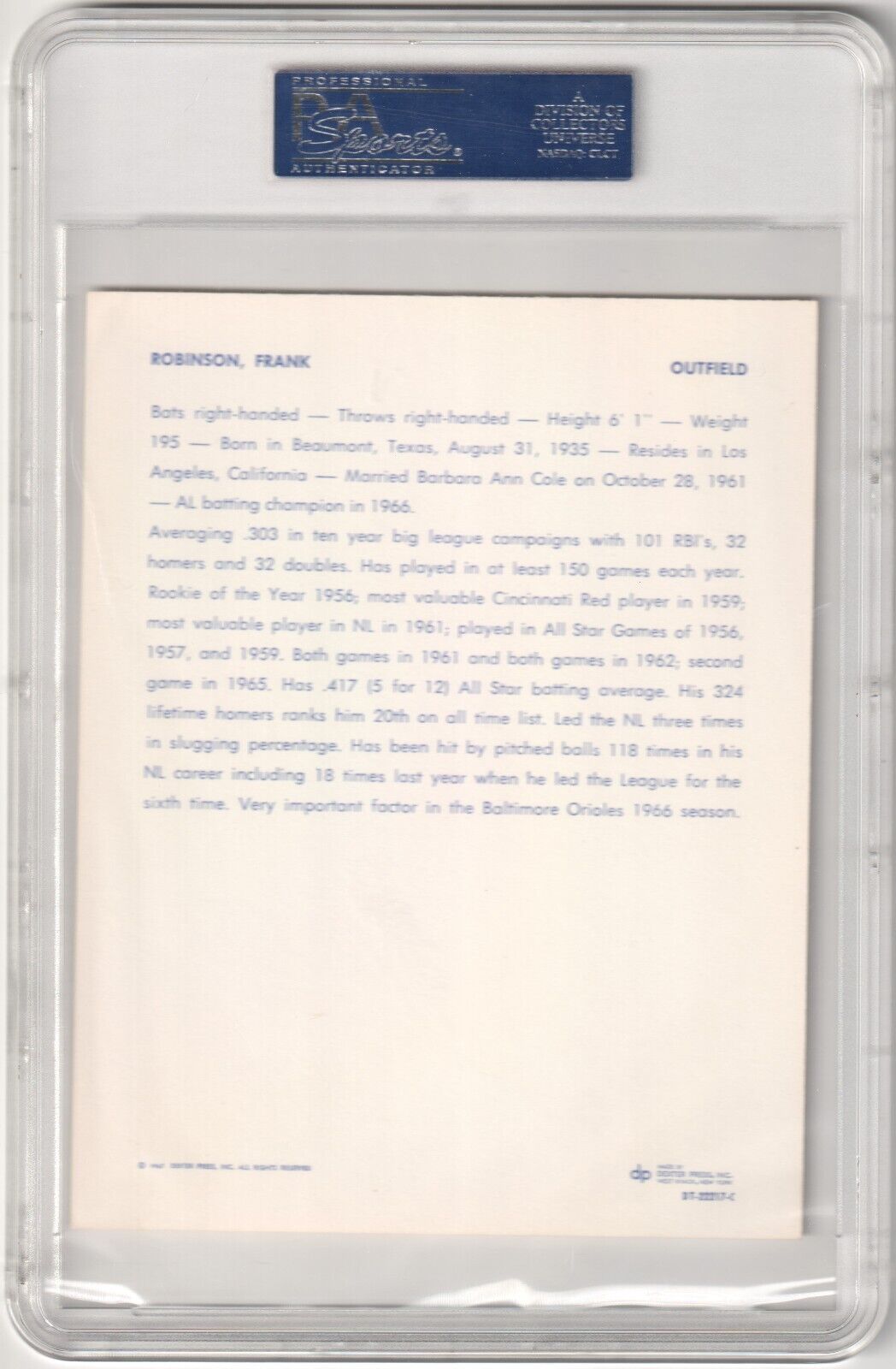FRANK ROBINSON 1967 Dexter Press Premiums PSA 8 NM - MT - GIANTS - Columbia Hobby - Sports Card Boxes - Toploaders - Card Savers