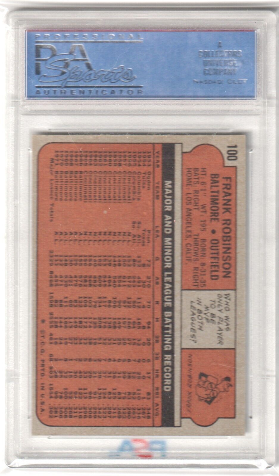 FRANK ROBINSON 1972 Topps #100 PSA 8 NM - MT - ORIOLES - Columbia Hobby - Sports Card Boxes - Toploaders - Card Savers