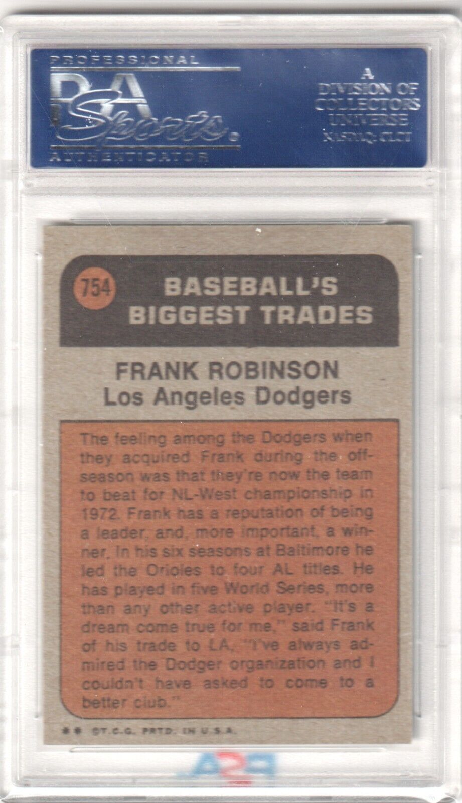FRANK ROBINSON 1972 Topps #754 PSA 8 NM - MT - DODGERS - Columbia Hobby - Sports Card Boxes - Toploaders - Card Savers