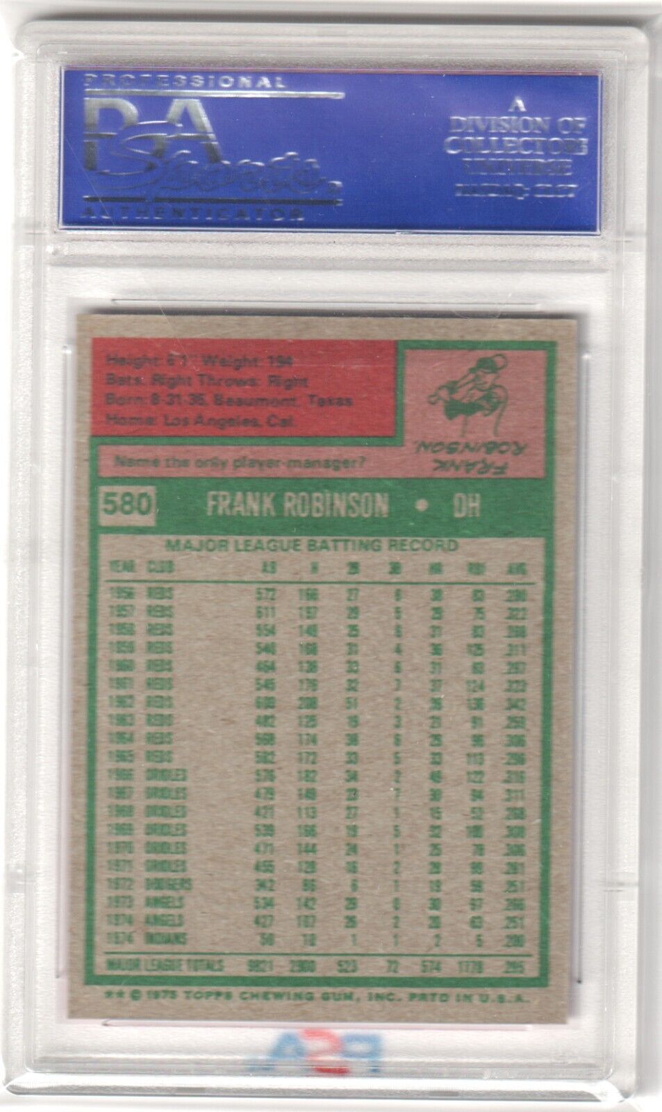 FRANK ROBINSON 1975 Topps #580 PSA 8 NM - MT - INDIANS - Columbia Hobby - Sports Card Boxes - Toploaders - Card Savers