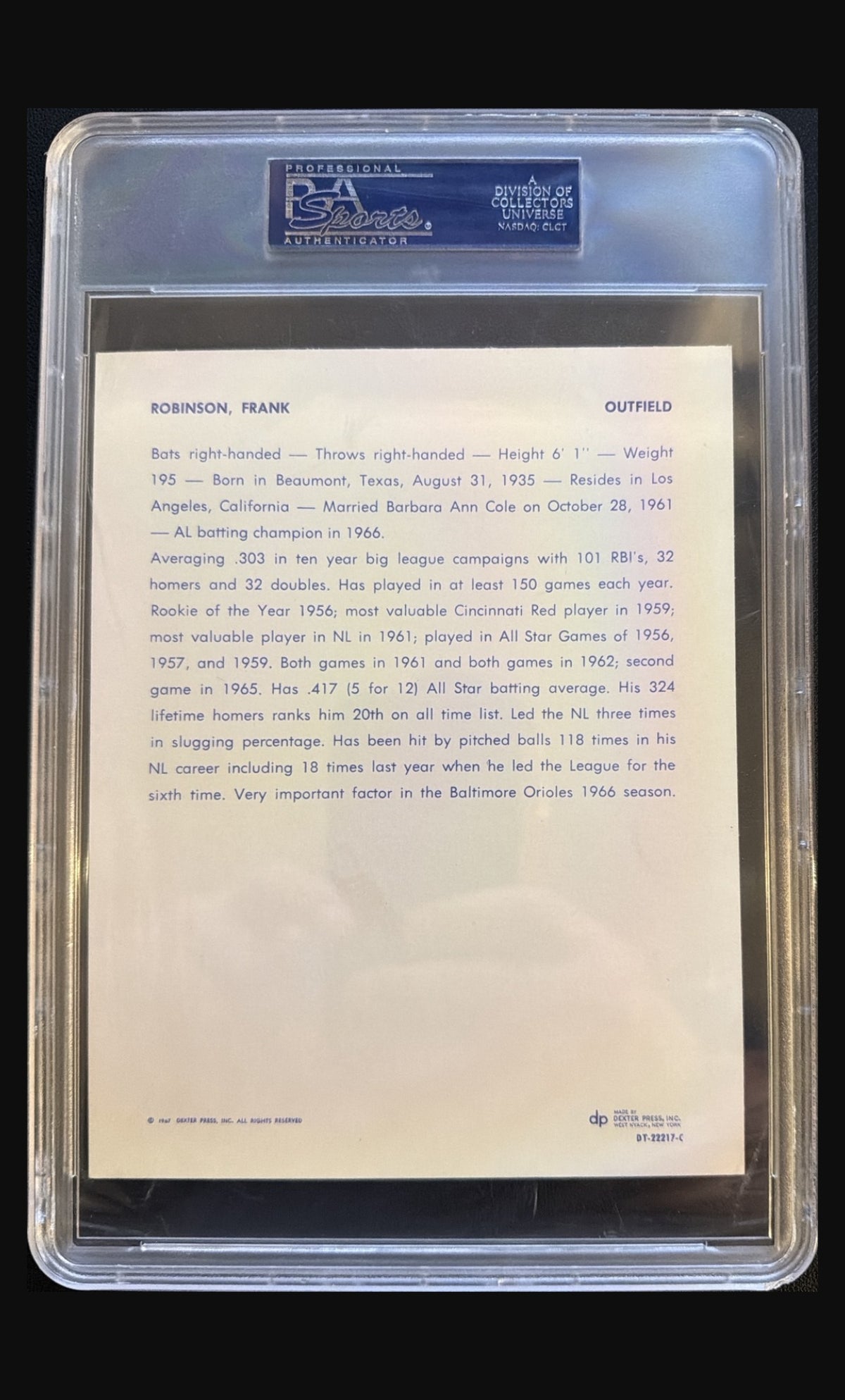 1967 Dexter Press Premiums Frank Robinson graded PSA 8 trading card - back