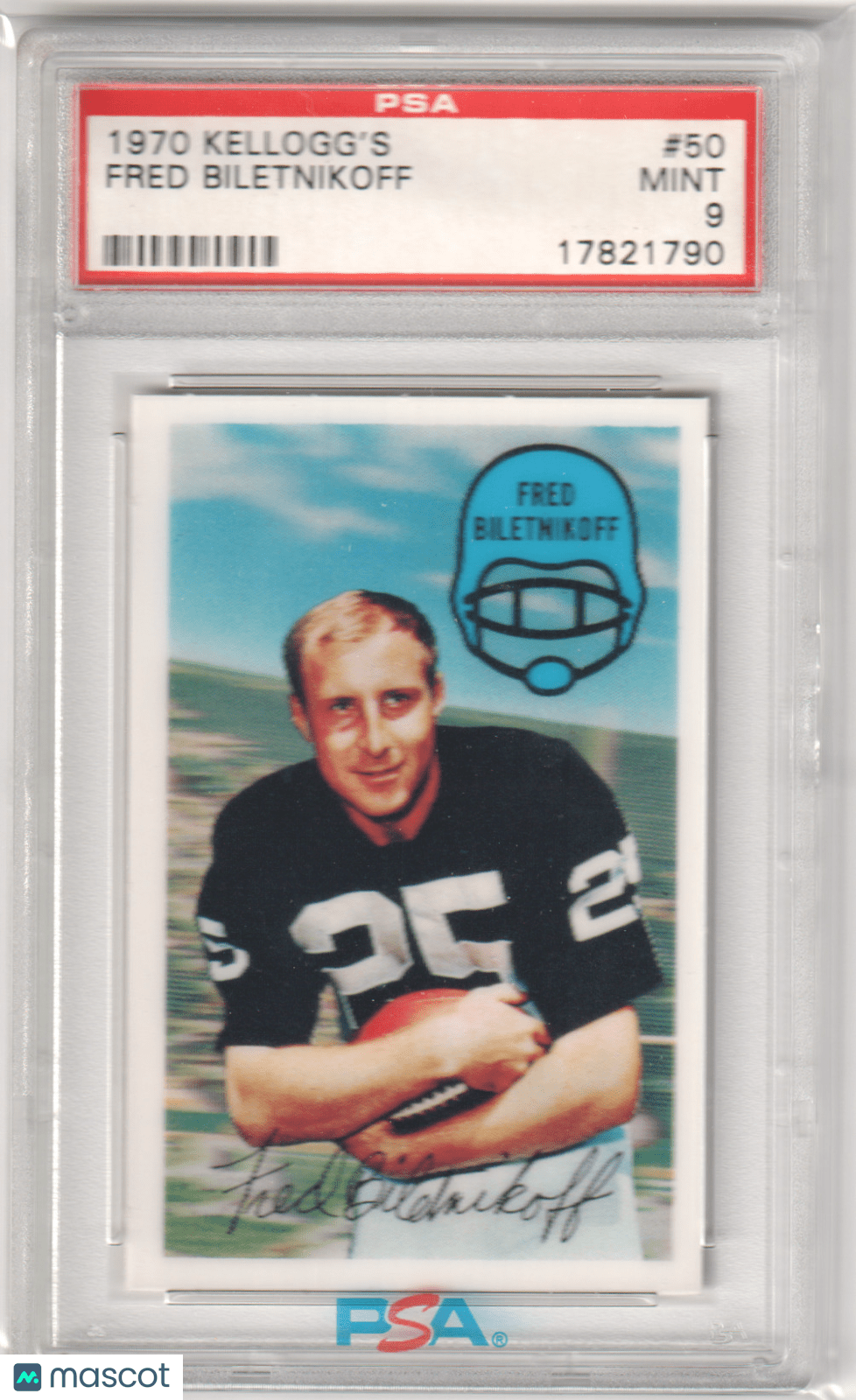 FRED BILETNIKOFF 1970 Kellogg's 50 PSA 9 MINT - RAIDERS - Columbia Hobby - Sports Card Boxes - Toploaders - Card Savers