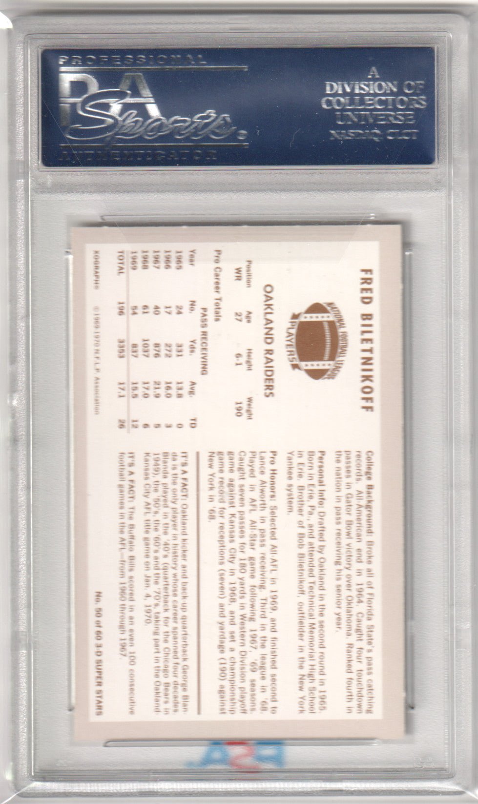 FRED BILETNIKOFF 1970 Kellogg's 50 PSA 9 MINT - RAIDERS - Columbia Hobby - Sports Card Boxes - Toploaders - Card Savers