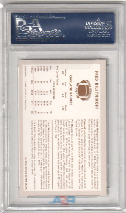 FRED BILETNIKOFF 1970 Kellogg's 50 PSA 9 MINT - RAIDERS - Columbia Hobby - Sports Card Boxes - Toploaders - Card Savers
