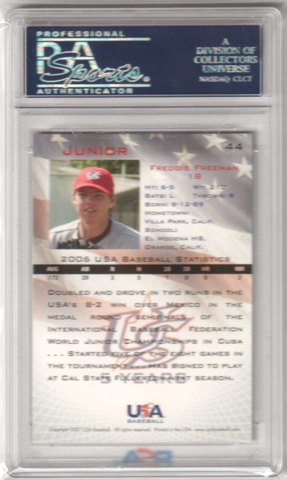FREDDIE FREEMAN 2006 USA Baseball #44 PSA 10 GEM MINT RC - DODGERS - Columbia Hobby - Sports Card Boxes - Toploaders - Card Savers