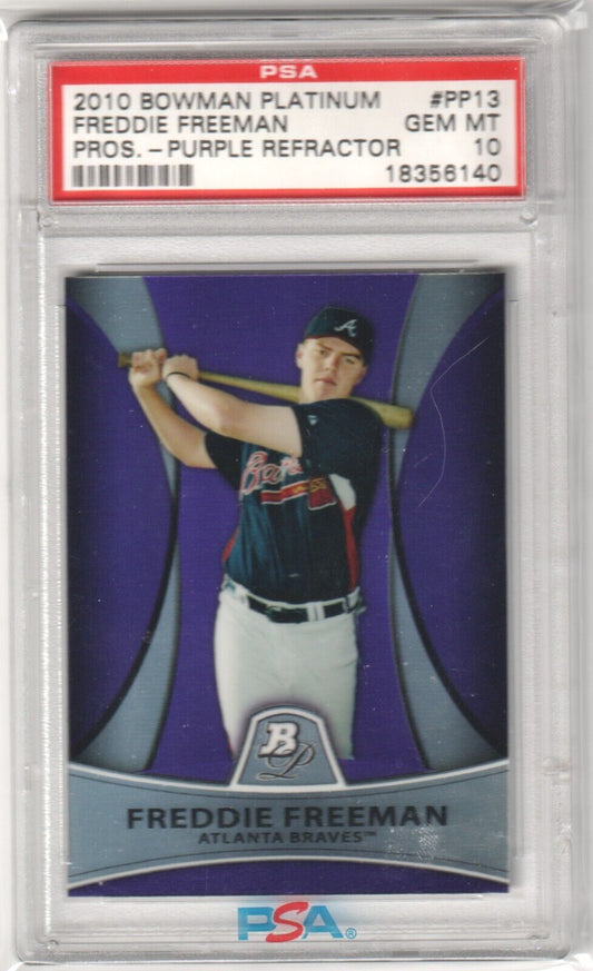 FREDDIE FREEMAN 2010 Bowman Platinum Purple Refractor RC Rookie PSA 10 GEM MINT - Columbia Hobby - Sports Card Boxes - Toploaders - Card Savers