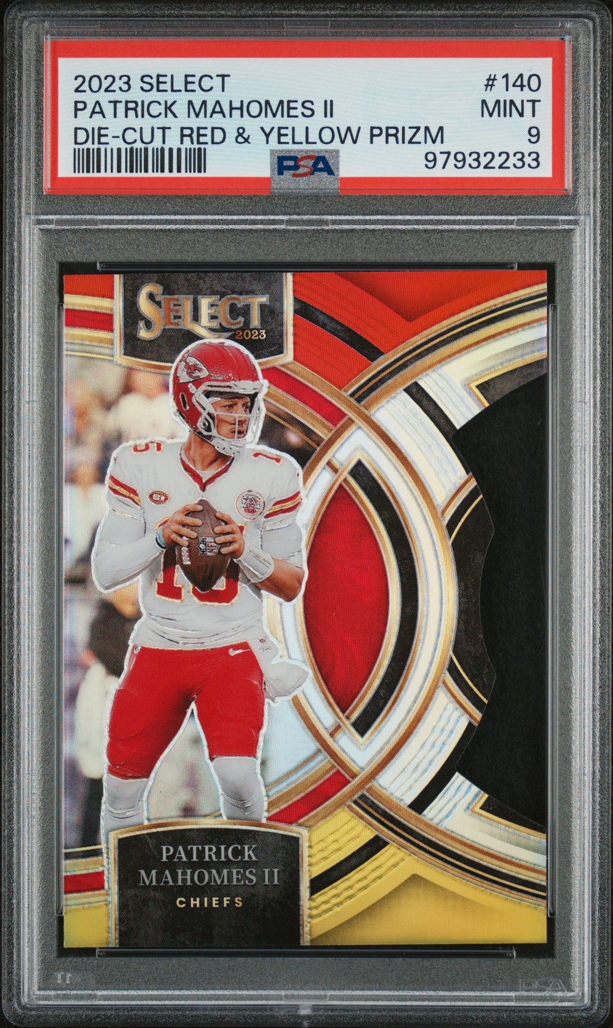 PATRICK MAHOMES II 2023 Panini Select #140 Die Cut Red & Yellow Prizm PSA