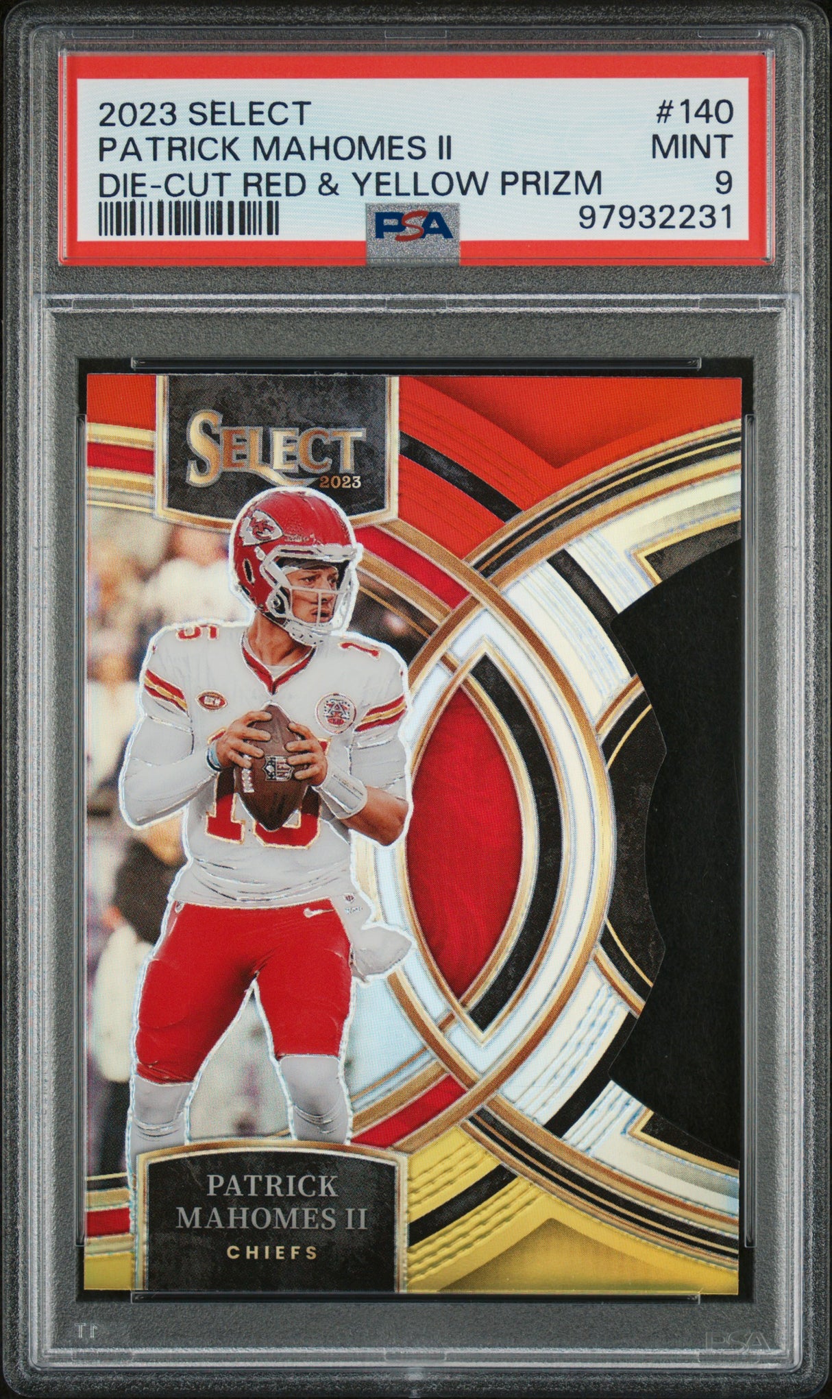 PATRICK MAHOMES II 2023 Panini Select #140 Die Cut Red Yellow Prizm PSA 9 MINT