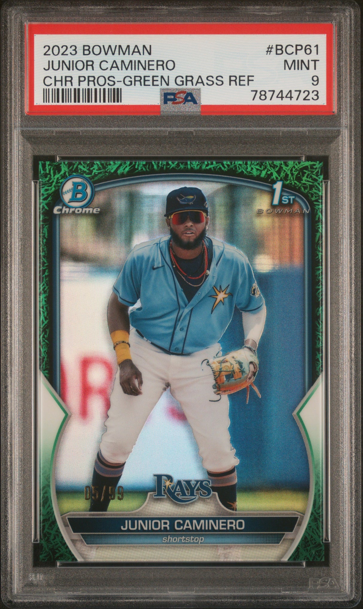JUNIOR CAMINERO 2023 Bowman Chrome Prospect 1st Green Grass Refractor /99 PSA 9