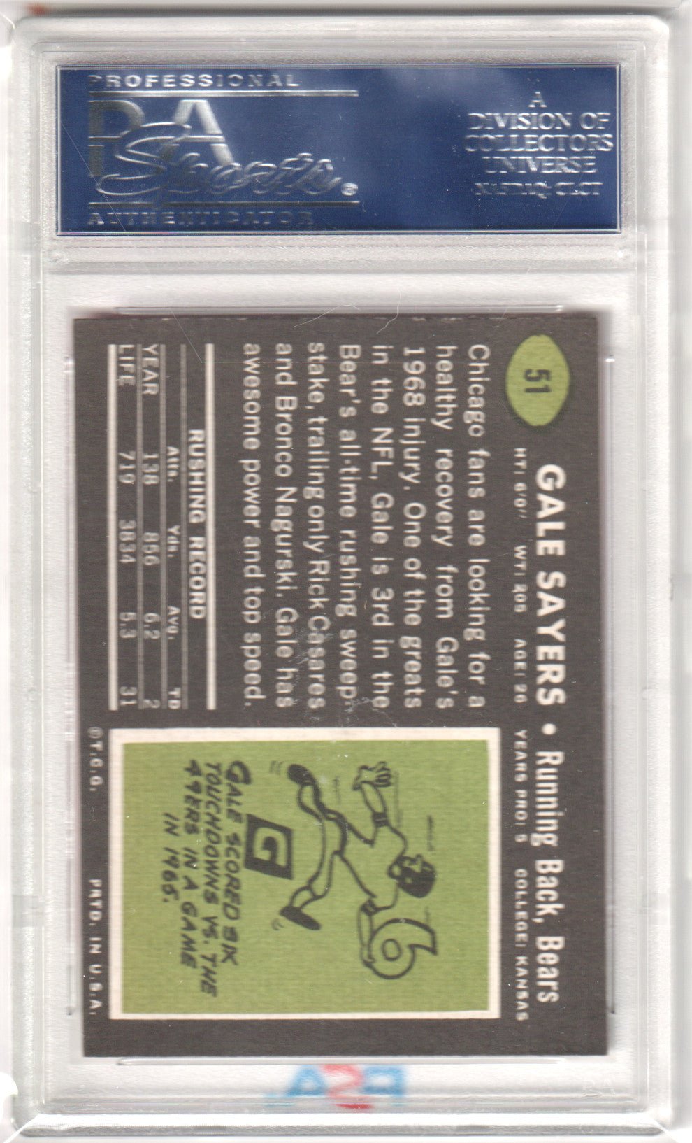 GALE SAYERS 1969 Topps 51 PSA 8 NM - MT - BEARS - Columbia Hobby - Sports Card Boxes - Toploaders - Card Savers