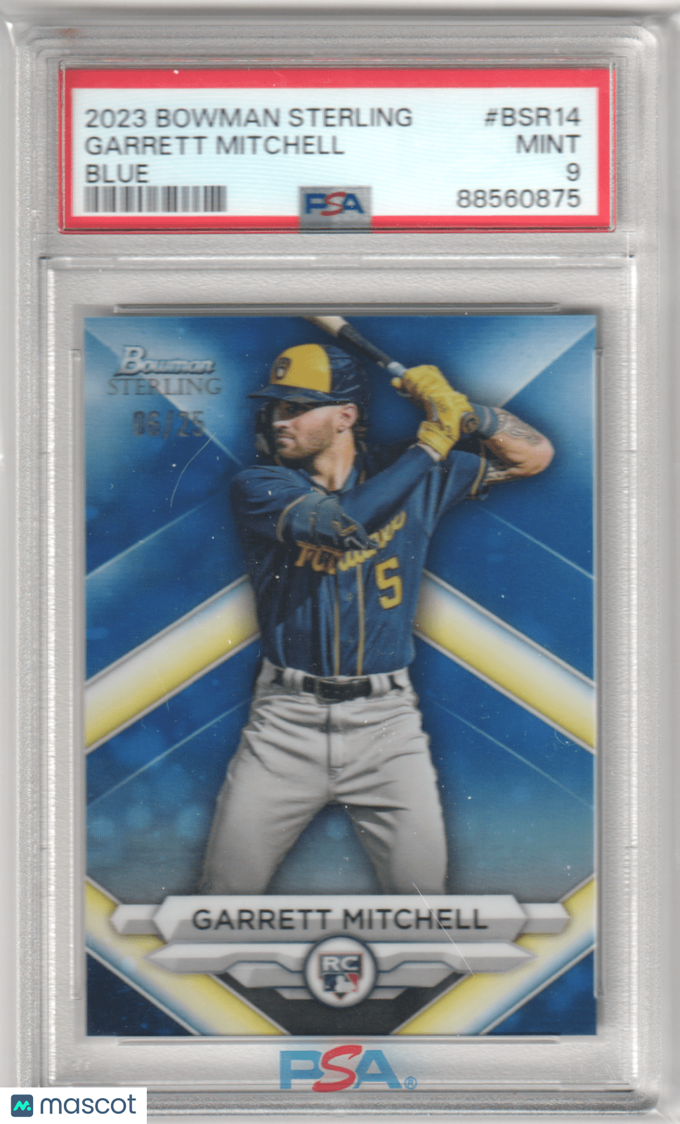GARRETT MITCHELL 2023 Bowman Sterling RC Rookie Blue Refractor 75/75 PSA 9 MINT - Columbia Hobby - Sports Card Boxes - Toploaders - Card Savers