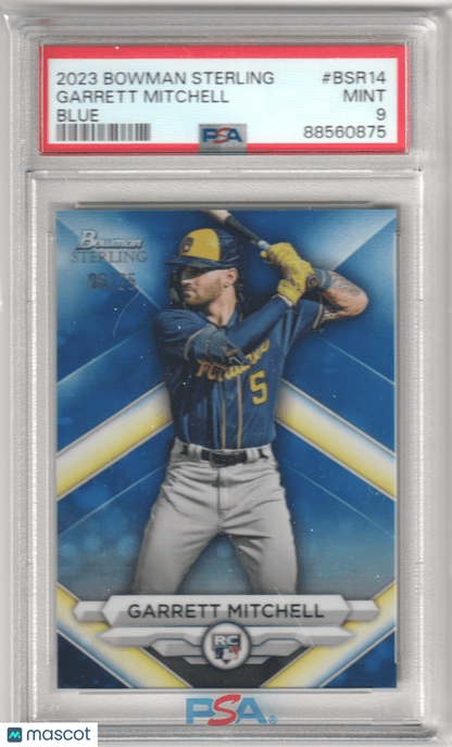 GARRETT MITCHELL 2023 Bowman Sterling RC Rookie Blue Refractor 75/75 PSA 9 MINT - Columbia Hobby - Sports Card Boxes - Toploaders - Card Savers