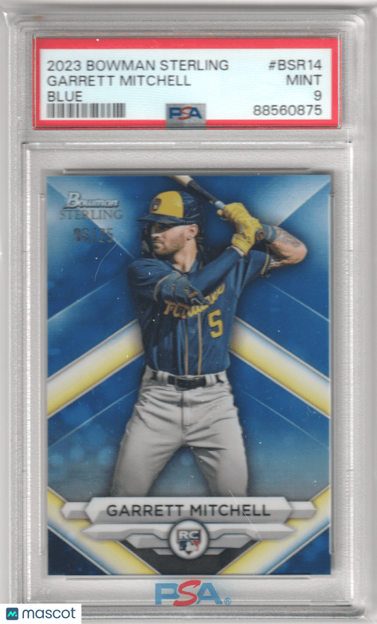 GARRETT MITCHELL 2023 Bowman Sterling RC Rookie Blue Refractor 75/75 PSA 9 MINT - Columbia Hobby - Sports Card Boxes - Toploaders - Card Savers