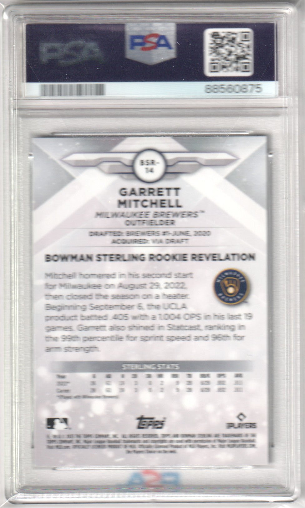 GARRETT MITCHELL 2023 Bowman Sterling RC Rookie Blue Refractor 75/75 PSA 9 MINT - Columbia Hobby - Sports Card Boxes - Toploaders - Card Savers
